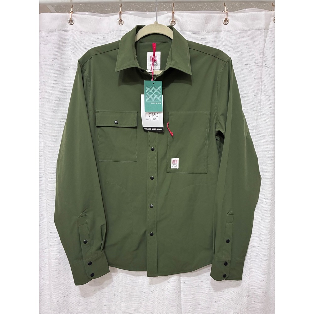 Topo Designs Breaker Shirt Jacket Mens Small Olive Green Snap Front Stretch NEW